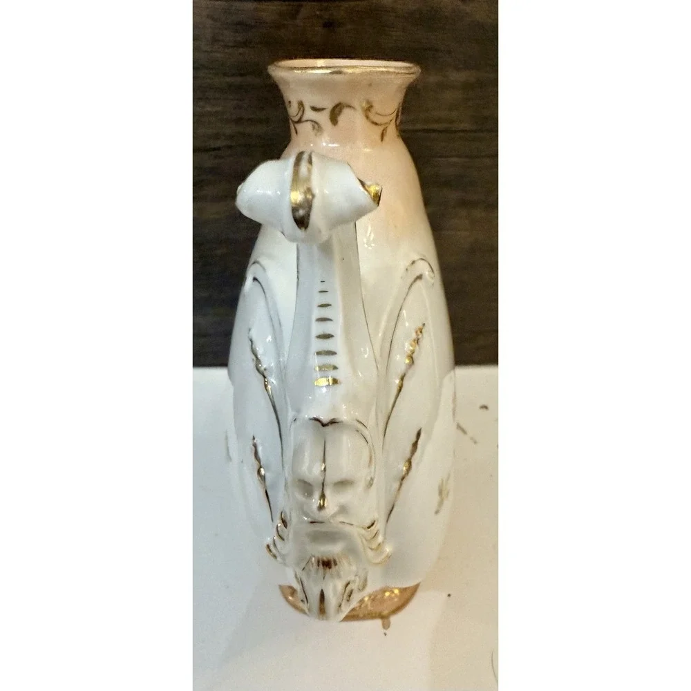 Antique Porcelain Mantel Vase Ram Head Handles Hand Painted Roses Gold Gilt